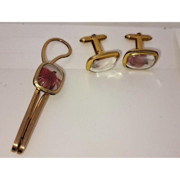 Vintage Men's Van Guard 3 piece Tie Bar Clip & Cufflink Set Fly Fishing - Picture 2 of 6
